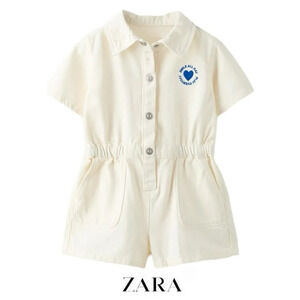 ZARA Kids | Ecru | EMBROIDERED TWILL SHORT JUMPSUIT